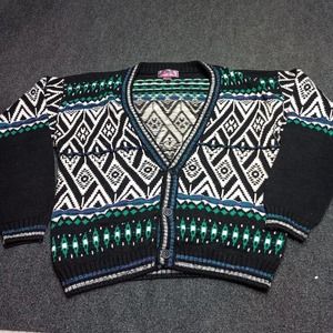 Vintage CONCRETE MIX Cardigan Sweater Adult Large‎ Fair Isle Deep Plunge V Neck